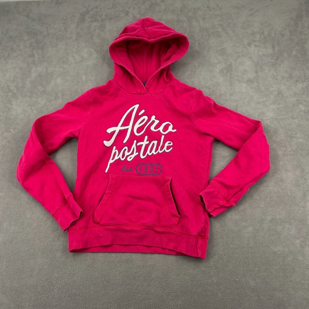 Vintage Y2K Aeropostale 87 Hoodie Sz M Pink Fleece Lined Spellout Logo Pullover